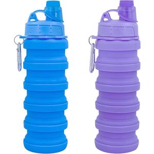 Collapsible Water Bottles Travel water bottle Sports Portable Sport Water Bottle Reusable Water Bottles comes with mountaineering Buckle 500ml silicone Water-proof camping water bottle (Blue+Purple)