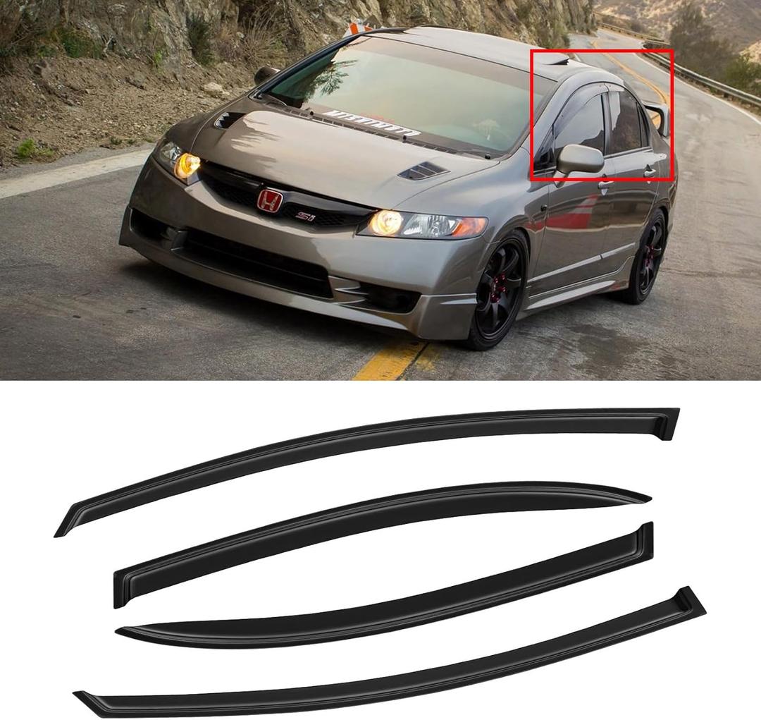 Window Visor for 2006-2011 Honda Civic, Out-Channel Rain Guards Shields Vent Deflector Shade Wind Dark Smoke for 06-11 Civic 2007 2008 2009 2010, Tape-On Outside-Mount, 4PCS