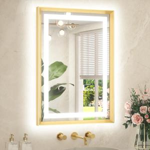 TETOTE 22 x 30 Bathroom LED Mirror Brushed Gold Metal Frame Frontlit & Backlit Vanity Mirror Anti-Fog Stepless Dimmable 3 Colors White/Warm/Natural Mirror with Lights Wall-Mounted