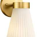 Gold Wall Sconce, HWH Single Wall Light Fixture Brushed Gold Wall Lamp with Frosted Milk White Striped Glass Shade, Modern Indoor Wall Sconce for Kitchen Bedroom Schoolhouse, 5HZG97B BG