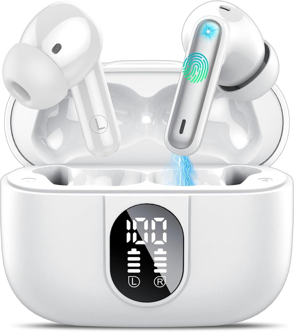 Wireless Earbuds, 2025 Bluetooth Headphones 5.3 HiFi Stereo Earphones, 40H Playtime in-Ear Earbud, Bluetooth Earbud with LED Power Display, IP7 Waterproof Earphones Sport Headset for Android iOS (White)
