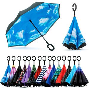 SIEPASA 49/56 Inch Inverted Reverse Upside Down Umbrella, Extra Large Double Canopy Vented Windproof Waterproof Stick Golf Umbrellas with C-shape Handle.