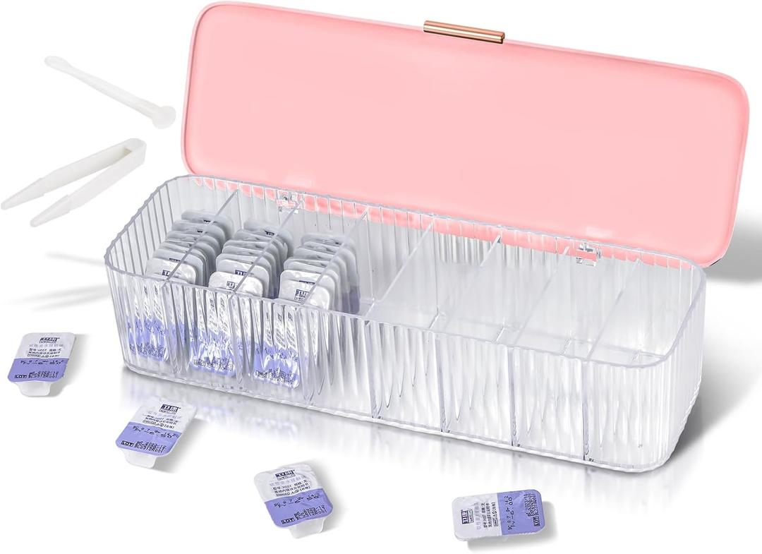 P-80 Daily Contact Lens Organizer with Remover & Tweezer, Disposable Lens Dispenser, Clear Plastic Box for All Brands (Pink)