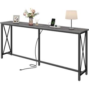 SUPERJARE 70 Inch Console Table with Outlets and USB-C Port, Extra Long Behind Couch Sofa Table with X-Shaped Design, Narrow for Entryway, Living Room, Metal Frame, Wooden Top, Grey