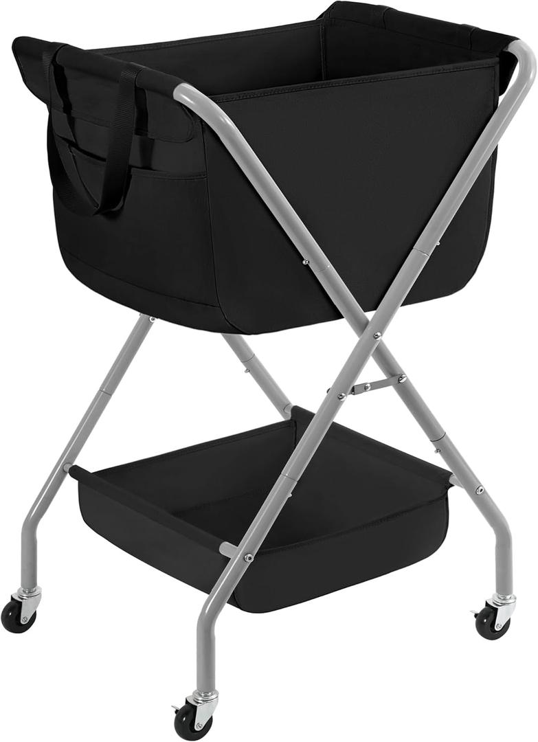 STORAGE MANIAC Collapsible Laundry Cart with Wheels 35.6"H Removable Canvas Bag Rolling Laundry Hamper Clothes Basket with Wheels, Sturdy Steel Frame Folding for Small Narrow Space Easy Storage, Black
