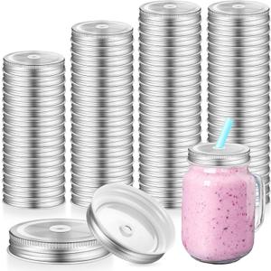 Mudder 26 Packs Mason Canning Jar Lids with Straw Hole for Metal Regular Wide Mouth Jar Mason Canning Lids with Straw Hole Leak Proof Reusable for Drinking Silver Diameter 2.75 Inches