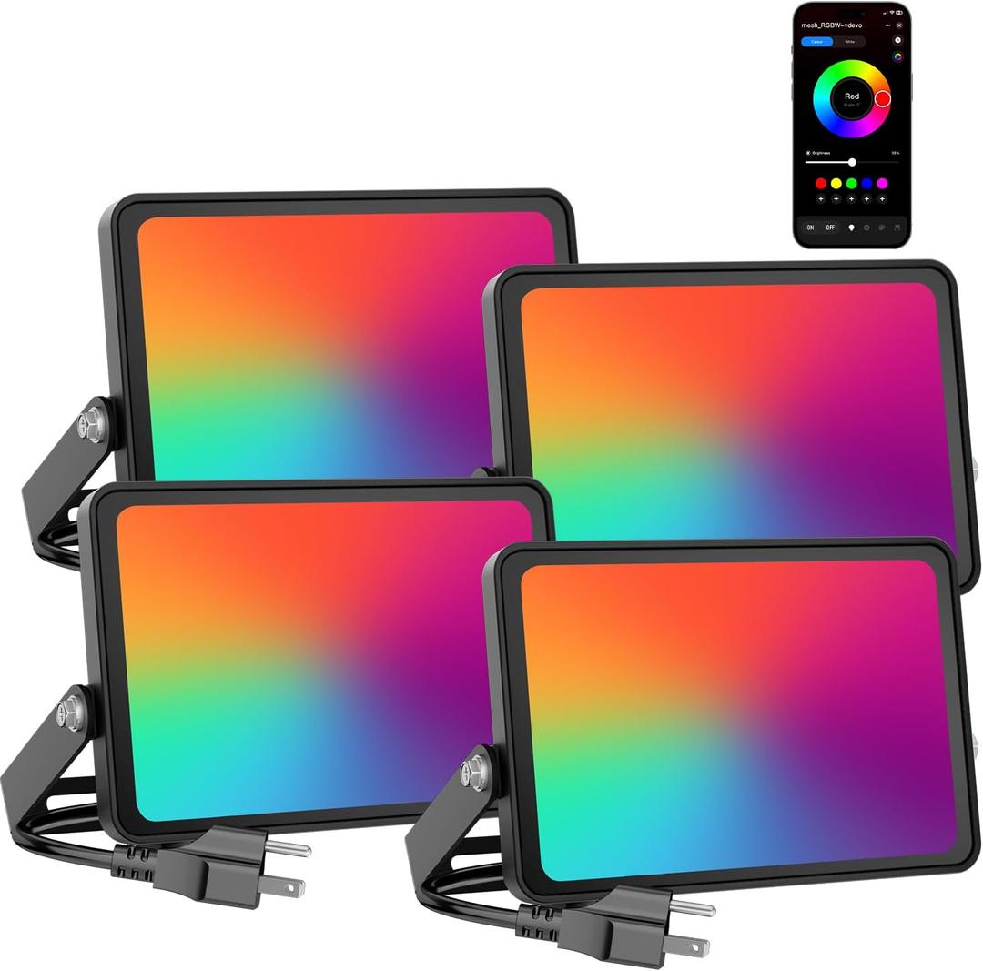 Onforu LED Flood Light Outdoor 25W 2000LM, Color Changing Led Stage Lights Bluetooth APP Control Uplighting, 4 Pack 2700K RGBW Uplights for Events, Spot Lights 16 Million Colors Music Sync, IP66