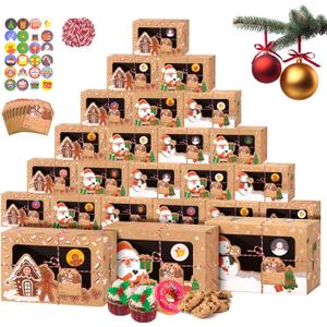 24 PCS Christmas Cookie Gift Box for Gift Giving, Xmas Holiday Treat Boxes Containers for Party Favor, Cupcake, Brownies, Donut Gift, Bakery Boxes with Window, Tags, Sticker, 8.75" x 5.9" x 2.75