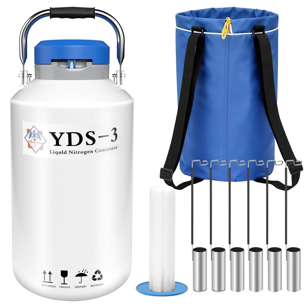 Magula 3L Liquid nitrogen dewar,Liquid Nitrogen Container LN2 Tank Cryogenic Dewar,Aluminum Alloy Semen Tank with 6 Canisters Carry Bag