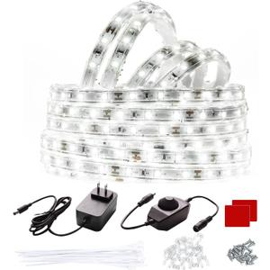 White Rope Lights Outdoor Waterproof 16.4ft LED Strip Light Indoor Connectable 300 LEDs 6000K 12V Flexible Plug-in Tape Lighting for Patio Deck Camping Christmas