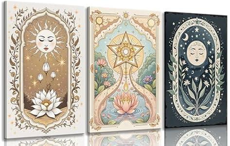 Ijeroain 3Pcs Vintage Tarot Wall Art Boho Sun Moon Painting Wall Decor Boho Celestial Sky Lotus Pictures Star Print Artwork for Bedroom Dorm Apartment Home Decoration 16x24in Canvas