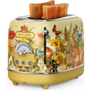 Hazel Quinn X Eduardo Recife Collaboration 2-Slice Retro Toaster, 6 Browning Levels, 3 Functions-Defrost/Reheat/Cancel, Removable Crumb Tray for Easy to Clean, 1.5 Inches Extra Wide Slots (Floral Printed)