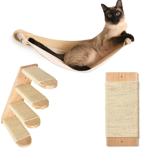 Chasing Tails Cat Wall Shelves - Four Step Cat Shelf with Scratch Board, Mounted Cat Shelves, Sturdy Cat Wall Furniture for Indoor Cats, Kittens - Extra Cat Wall Hammock Cover Included