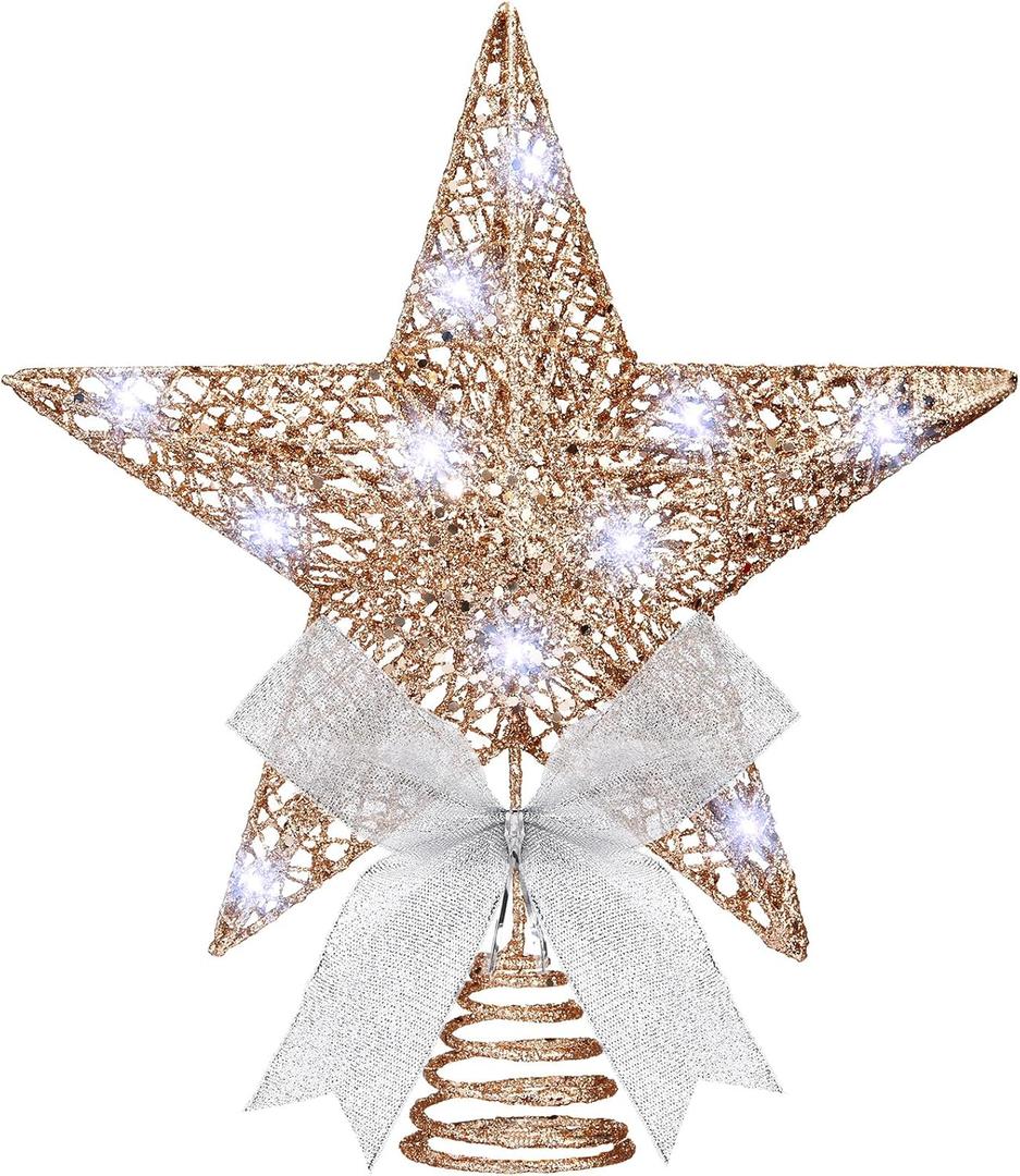 Sumind 9.8 x 11.8 Inch Christmas Star Tree Topper Glittered Star Metal Plug in Treetop Ornaments with Bow and 30 LED String Light for Christmas Tree Indoor Holiday Party Decoration(Champagne)