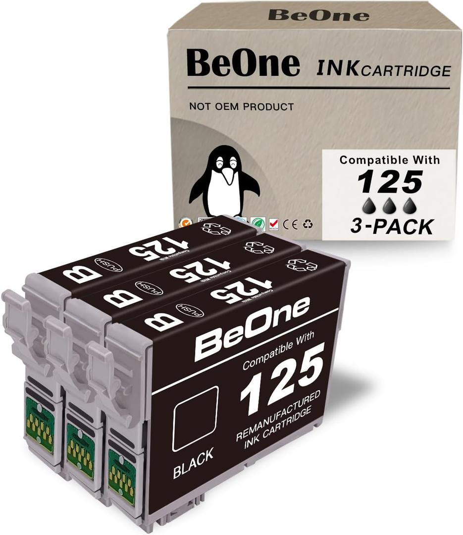 BeOne T125 Ink Cartridges Remanufactured Replacement for Epson 125 3-Pack to Use with Workforce 320 323 325 520 Stylus NX125 NX127 NX130 NX230 NX420 NX530 NX625 Printer (3 Black)