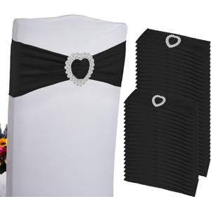 100PCS Spandex Stretch Black Chair Sashes Bows Universal Elastic Chair Cover Bands Ties with Buckle Slider for Wedding Party Birthday Reception Event Banquet Decoration(Black)