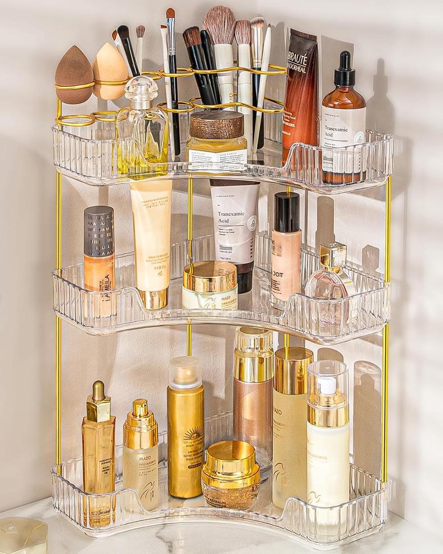 NATURE'S SOURCE Makeup Organizer for Vanity, 3-Tier Corner Bathroom Organizer Countertop with Makeup Brush Holder, Corner Counter Storage for Bathroom, Dresser, KitchenClear