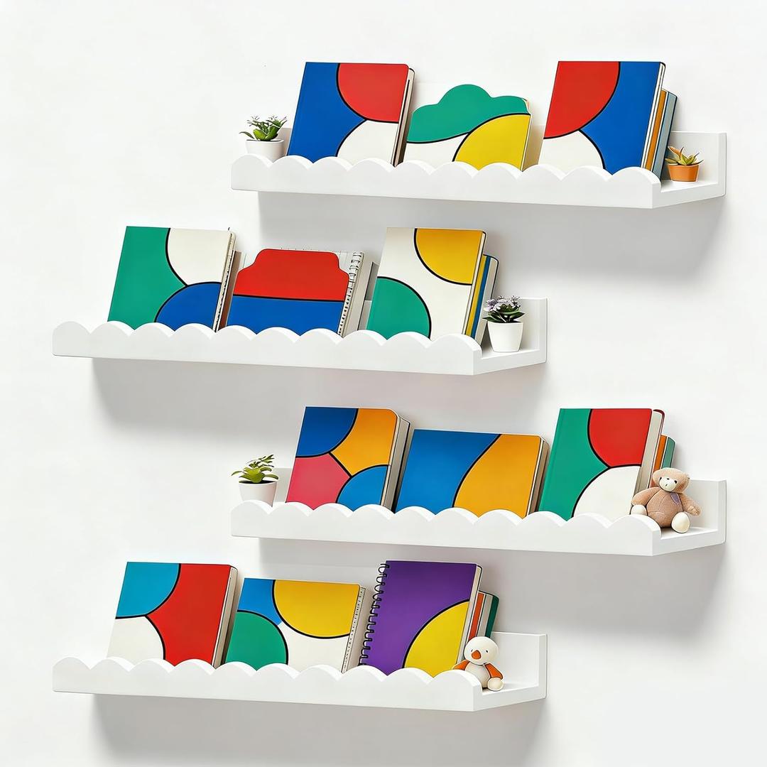 Nursery Book Shelves, Set of 4 Floating Book Shelves, Scalloped Wall Bookshelf for Bedroom, White Decor for Nursery, Baby, Toddler Room