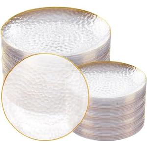 Rubtlamp 100Pcs Clear Gold Plastic Plates, Disposable Plates With Gold Rim, Heavy-duty Party Platos, Hammered Plastic Plates Include 50 Clear Dessert Platos, 50 Dinner Platos for Party