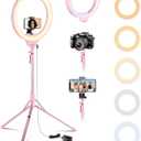 Aureday 14'' Pink Selfie Ring Light with 62'' Tripod Stand and Phone Holder, Dimmable LED Phone Ringlight for Makeup/Video Recording/Photography, Circle Lighting for Cell Phones&Lightweight Cameras
