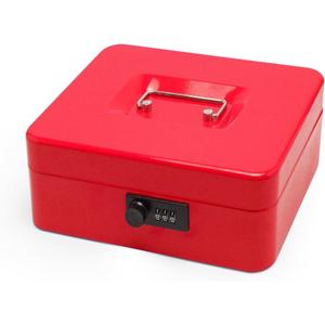 Secure Steel Cash Box with Combination Lock and Removable Tray  Metal Money Organizer for Home and Office Use (Red - 7.9" x6.3" x 3.3")