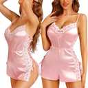 RSLOVE Sexy Lingerie Pajama Set - Lingerie for Women Silk Pjs Sets Shorts Satin Nightwear Lace Sleepwear XL