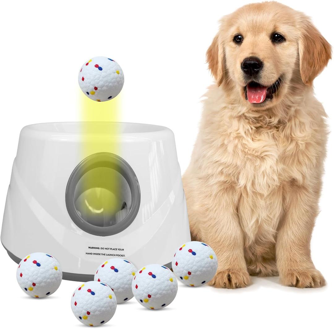 Automatic Ball Launcher for Dogs with 6 ETPU Balls, White, Adjustable Distance 20-45ft, USB Rechargeable, Interactive Dog Toy (Gary)
