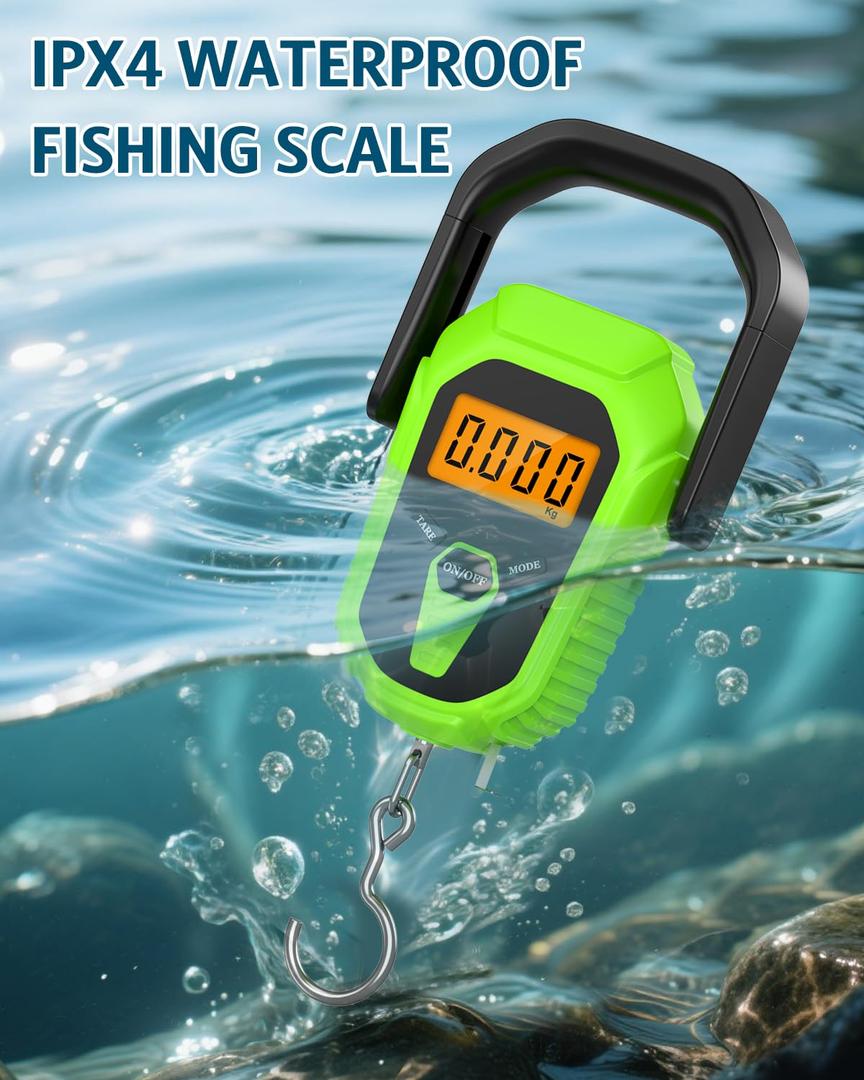 Fish Scale with Lip Gripper, Waterproof Digital Fish Scale, 110lb/50kg Hanging Fish Weight Scale, Portable Luggage Scale, Green