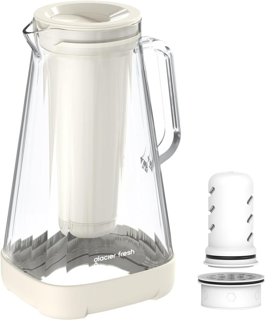GLACIER FRESH 10 Cup Purela Glass Water Pitcher with 1 Ultrafiltration Membrane and Activated Carbon Filter, Reduces 99% Chlorine, PFOA&PFOS, Coliforms, White