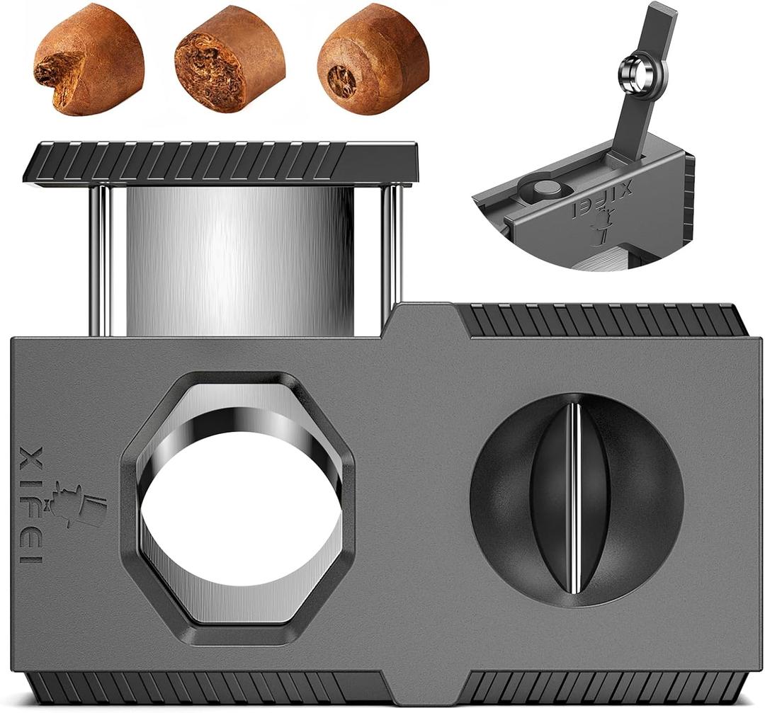 XIFEI Cutter V-Cut Guillotine 3 in 1 Straight Cut V Cutter with Punch Stainless Steel Blade Ergonomic Design Secure-Lock Clipper,Cuts Up to 60 Ring Gauge Cigars (Black)