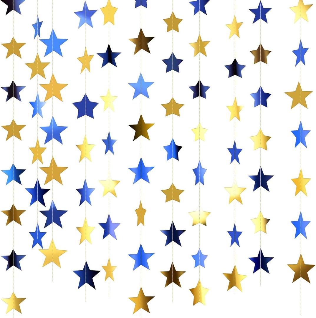 Patelai Glitter Star Garland Banner Christmas Decor 130 Feet Star Hanging Bunting Banner Twinkle Backdrop for Homecoming Classroom Wedding Birthday Halloween Party Supplies(Blue, Gold)