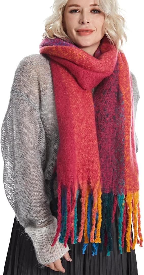 MissShorthair Chunky Colorful Scarf Oversized Blanket Scarves for Women Fluffy Big Thick Warm Shawl Winter, Red-multicoloured