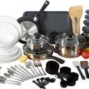 Gibson Home 74 Piece Kitchen in a Box Pots and Pans Cookware, Plates and Bowls Dinnerware, Cutlery Knife Block, Flatware Utensils, Tools & Gadgets, Storage, Glasses Set (Stainless Steel / White)