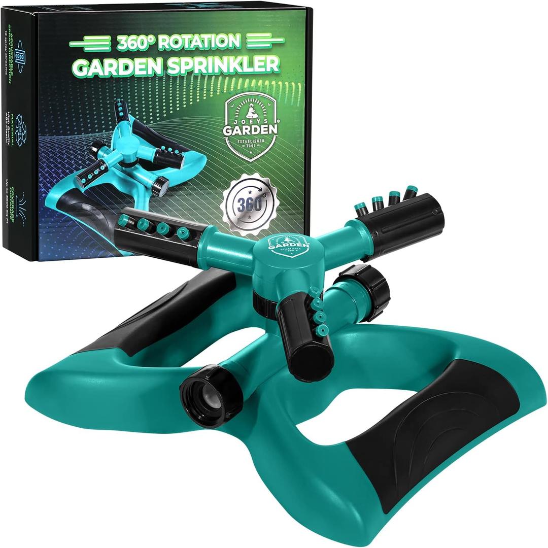 Joeys Sprinkler for Yard, Rotating Garden Sprinkler with 3 Adjustable Arms, Weighted Base, Expandable Connection, Lawn and Yard Sprinklers (Green)