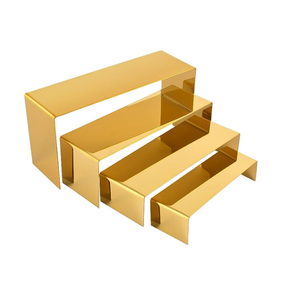 PROFIKLA 4 Pcs Gold Stainless Steel Display Risers, Display Stand for Cupcake Dessert Perfume Purse Handbag Shoe Jewelry and Funko Pop