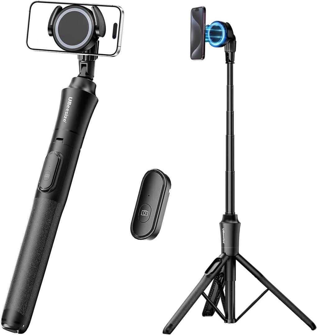 UBeesize 62'' Magnetic Selfie Stick Phone Tripod with Wireless Remote, Extendable Cell Phone Tripod Stand, Compatible with MagSafe, Cellphone Tripod for iPhone 17 16 15 14 13 12 and Android Phones (Black)