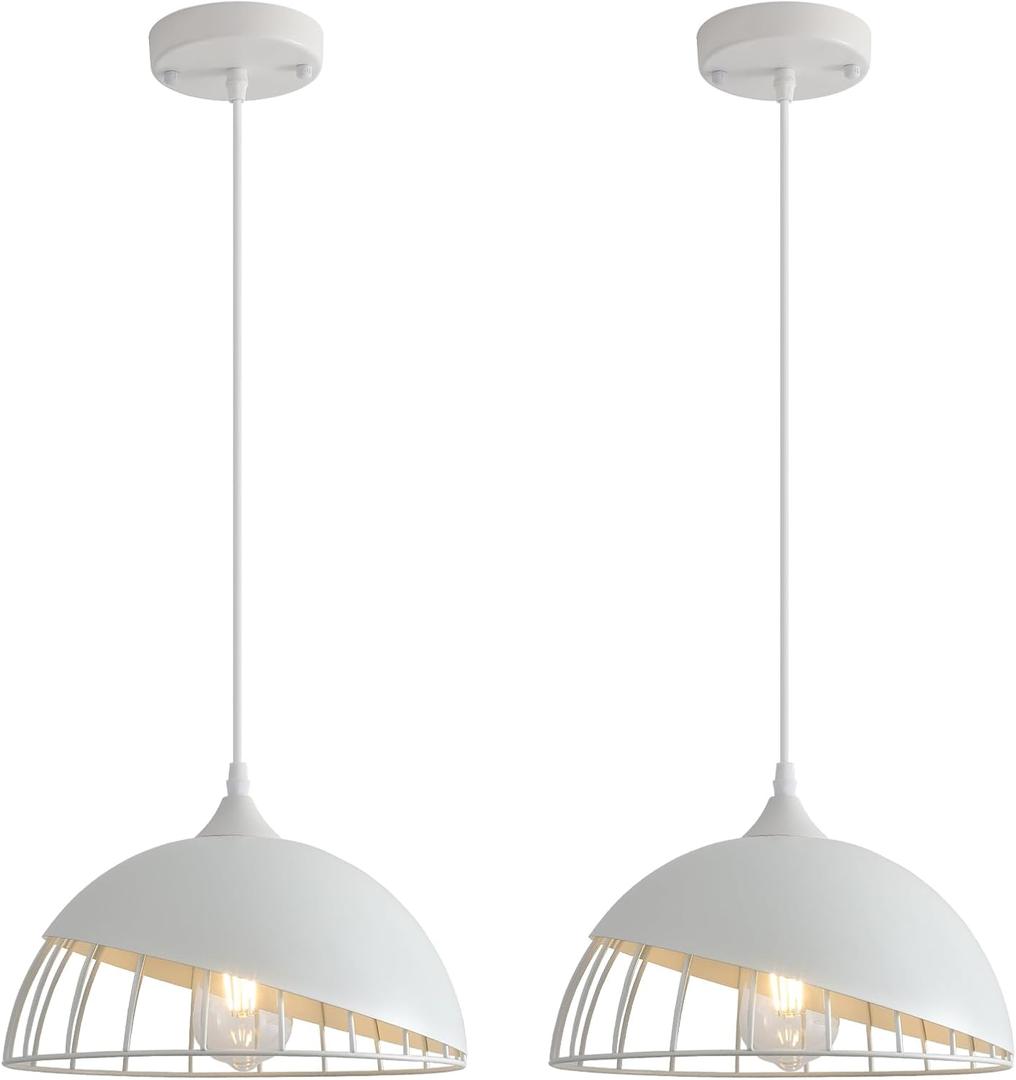 White Pendant Light, 2 Packs 9.4inch Farmhouse Pendant Light, Kitchen Pendant Lights, Industrial Pendant Lighting, Pendant Lights Kitchen Island for Living Room, Bar, Bedroom, Office