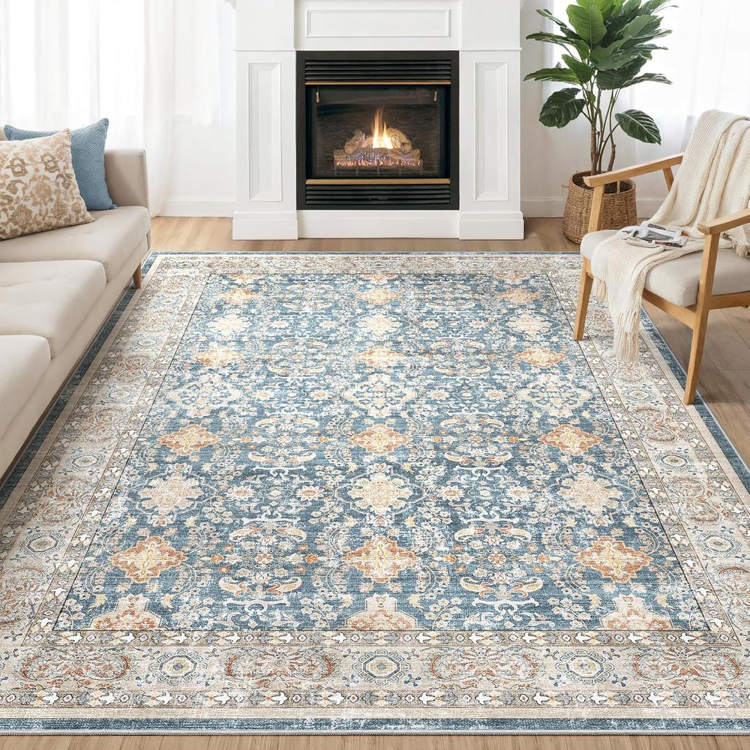 Area Rugs for Living Room: 9x12 Washable Rug Vintage Boho Floral Print - Ultra Thin Stain Resistant Large Soft Non Slip Foldable Carpets for Bedroom Dining Room Office Nursery - Blue (9' x 12')