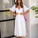 MessBebe Women's 2024 Summer Maxi Dress Puffy Sleeve V Neck Boho Party Beach Tiered Ruffle Flowy Long Smocked Dresses White (White, XL)