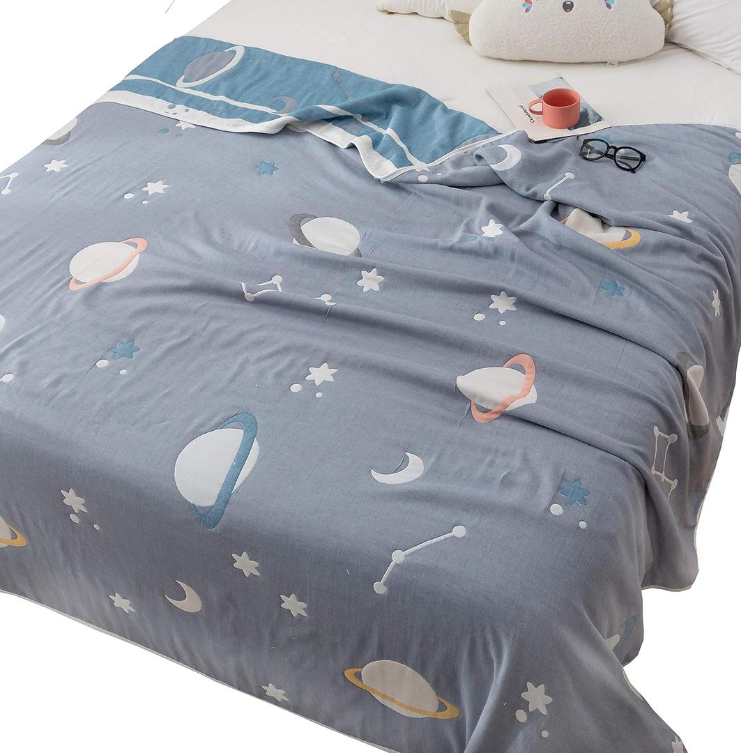 Planet Star Muslin Blanket Reversible 100% Cotton 6 Layer Quilt Bed Blanket Soft Warm Throw Sofa Couch Toddler Kids Boy Cartoon Travel Coverlet Sheet (Universe, Twin 56" X 76")
