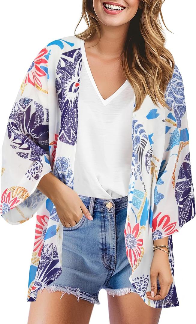 TBONTB Women's Kimono Cover Ups for Beach Floral Short Sleeve Loose Summer Cardigan Large Blue Flower