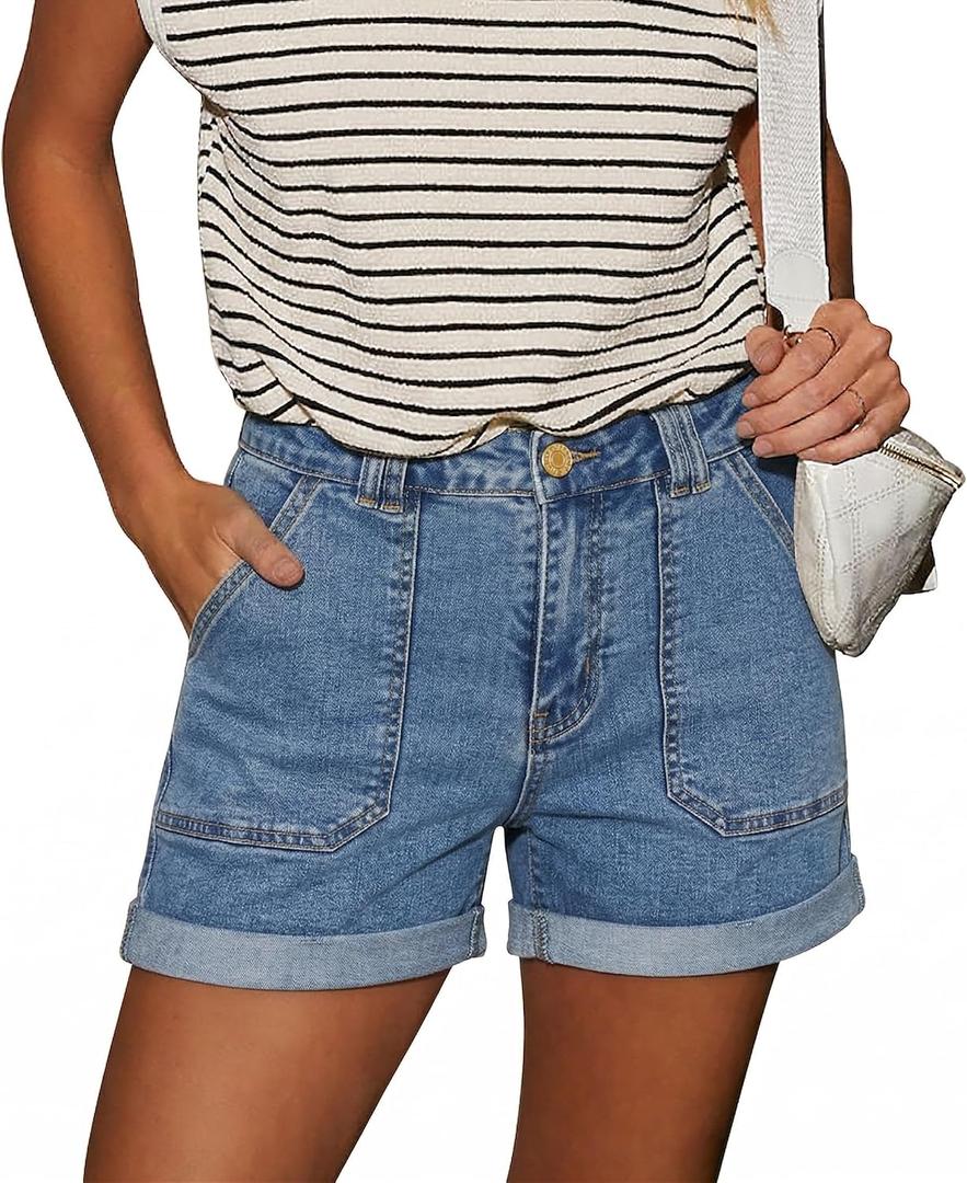 StunShow Women's Denim Shorts Mid Waist Jean Short (Blue, M)