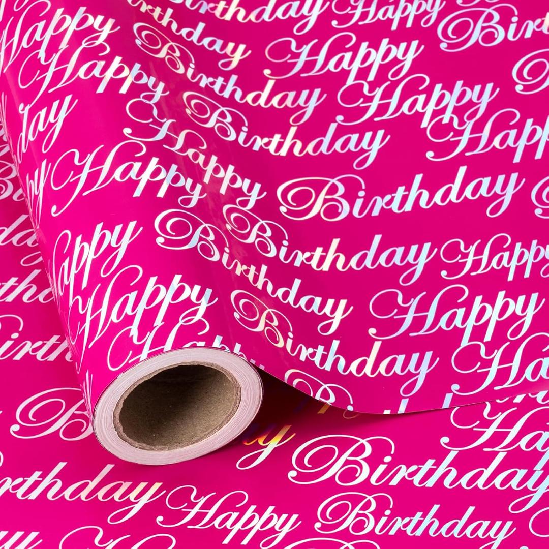 WRAPAHOLIC Reversible Wrapping Paper - Mini Roll - 17 Inch X 33 Feet - Hot Pink and Silver Foil Happy Birthday Lettering Design for Holiday, Party, Baby Shower