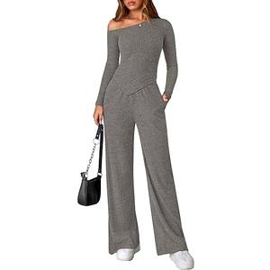 PRETTYGARDEN Fall Two Piece Sets For Women 2026 Off Shoulder Tops Long Pants Knit Matching Lounge Set Airport Travel Outfits(Grey,Medium)