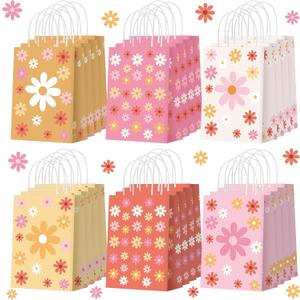 Glenmal 24 Pcs Daisy Flower Gift Bags Bulk Pink Flower Gift Bags Boho Daisy Party Favors Goodie Bag with Handles for Wedding Retro Birthday Spring Party Decorations Supplies, 6 Styles