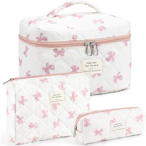 Makeup Bag for Women 3PCS Quilted Cotton Make Up Bag Travel Cosmetic Bag Large Makeup Bag Set Cute Bow Makeups Purse Organizer Floral Toiletry Pouch