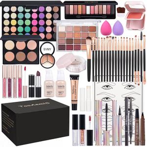 Makeup Set for Women Full Kit Includes, Eyeshadow Liquid Foundation,Loose Powder,Eyebrow Pencil,Lipstick Eye Pencil Makeup Brushes Makeup Practice Board 4-Color Lip Gloss Set