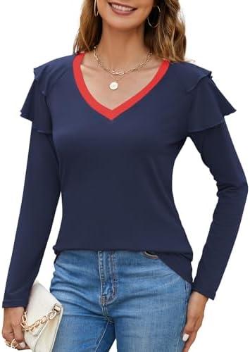 SENFURE Womens Ruffle Long Sleeve Tops Colorblock V-Neck Shirts Casual Slim Fitted Tee Blouse, S, Set of 3