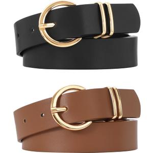 VONMELLI 2 Pack Women's Leather Belts for Jeans Dresses Fashion Gold Buckle Ladies Belt