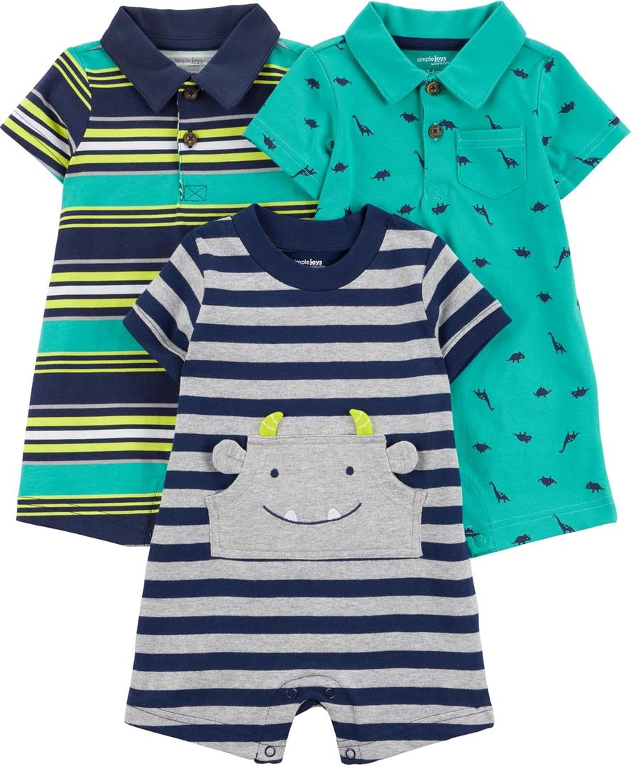 Simple Joys by Carter's Baby Boys' 3-pack Rompers (Green Dinosaur/Navy Stripe/Yellow Stripe)